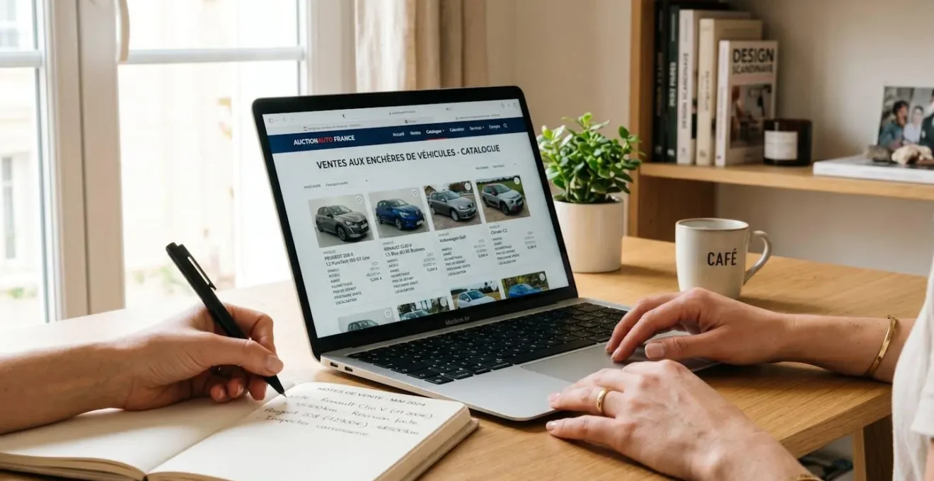 Écran d'ordinateur portable affichant un catalogue de vente aux enchères de véhicules avec vignettes de voitures et caractéristiques détaillées en français, une personne prenant des notes à côté sur un carnet