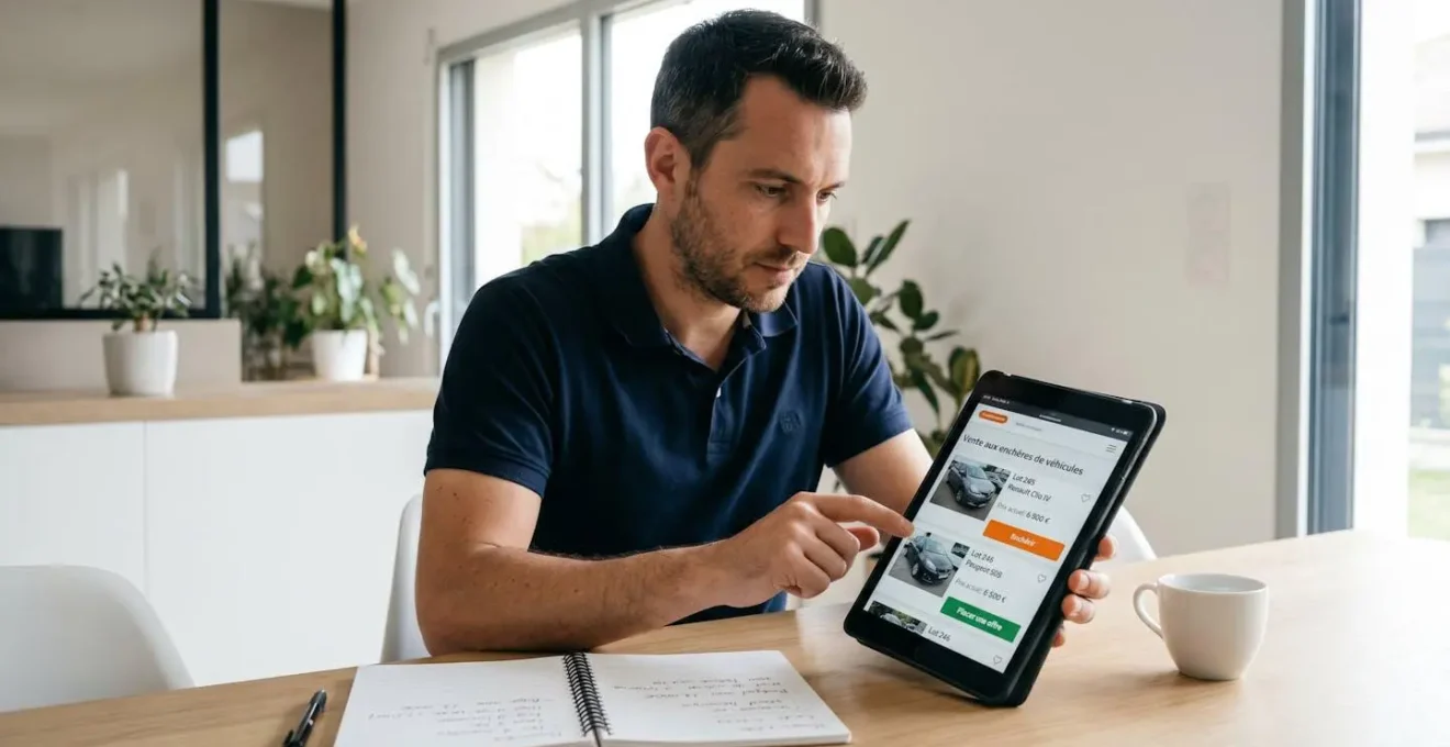Un homme dans la quarantaine participe à une vente aux enchères de véhicules en ligne depuis sa table à manger, utilisant une tablette affichant l'interface de vente avec catalogues de voitures et bouton d'enchère, dans un intérieur résidentiel lumineux et moderne