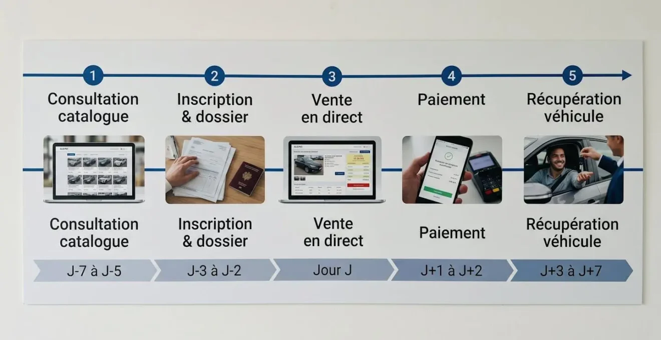 Infographie timeline horizontale présentant les 5 étapes chronologiques du processus d'achat aux enchères en ligne, de la consultation du catalogue à la récupération du véhicule, avec durées indicatives pour chaque phase