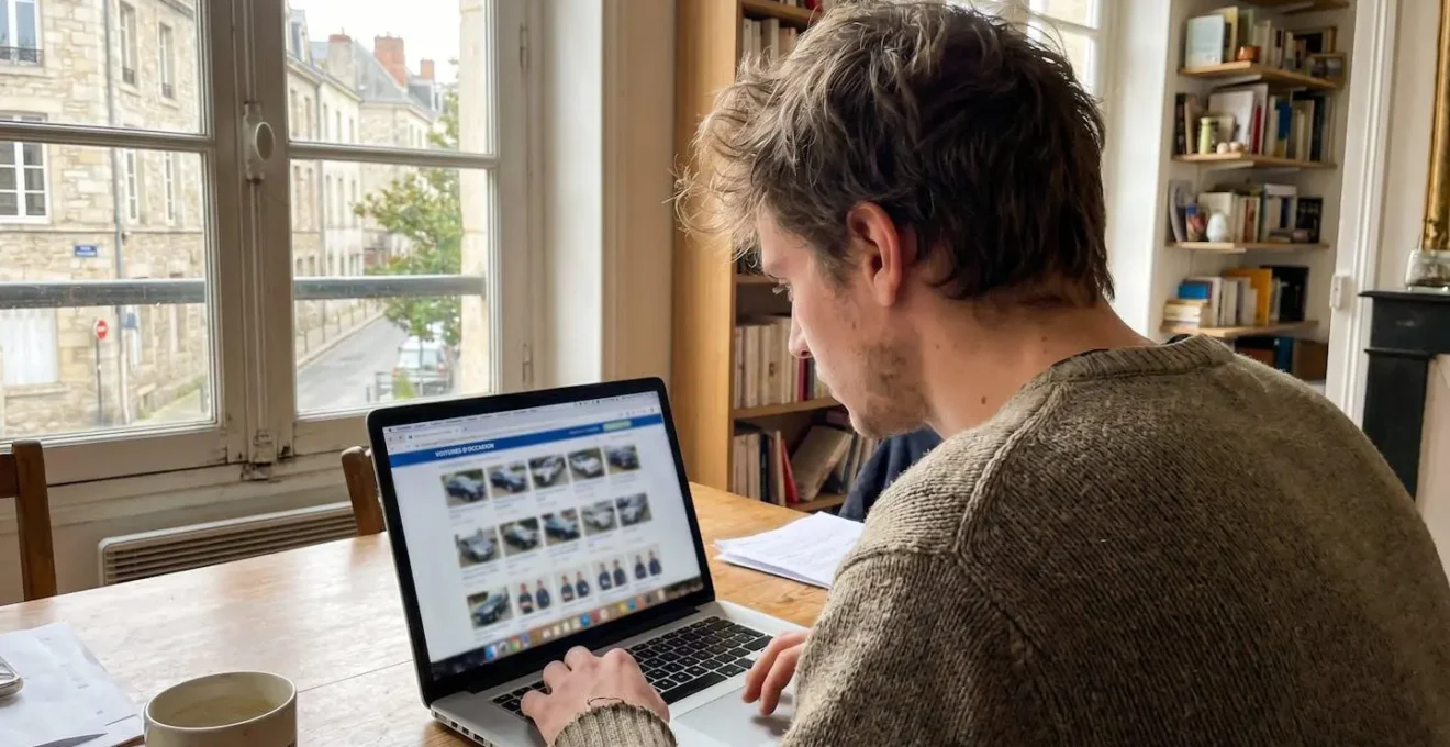 Jeune adulte de dos consultant des annonces de voitures d'occasion sur ordinateur portable dans un intérieur moderne