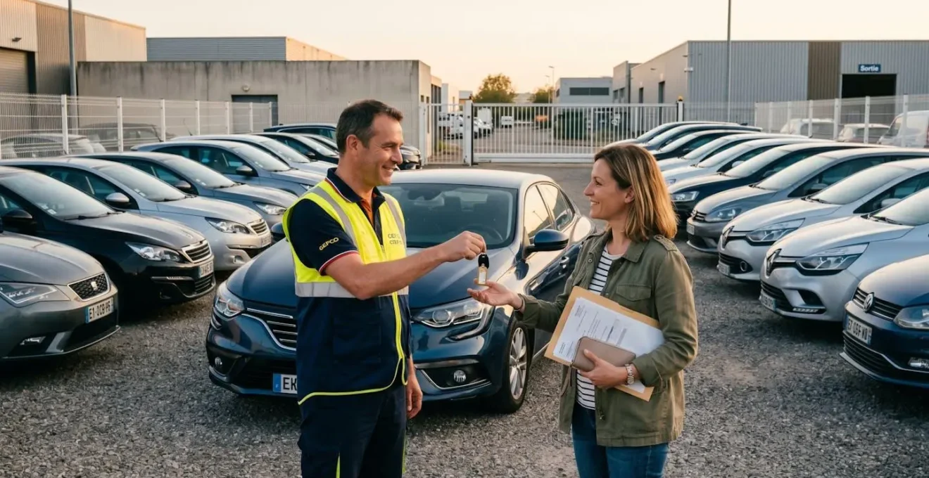 Professionnel d'une plateforme d'enchères remettant les clés d'un véhicule à une acheteuse dans un parc de stockage sécurisé avec rangées de voitures en arrière-plan, scène de récupération post-achat en lumière naturelle