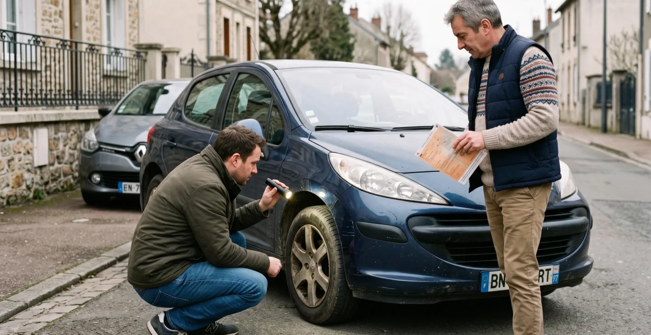 Un acheteur examine la carrosserie d'une voiture d'occasion avant de négocier avec le vendeur.