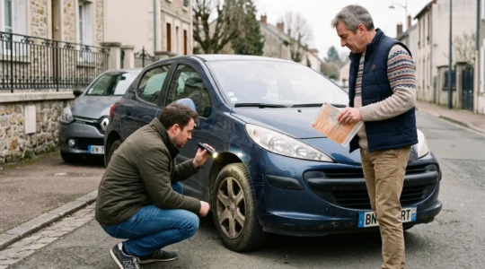 Un acheteur examine la carrosserie d'une voiture d'occasion avant de négocier avec le vendeur.