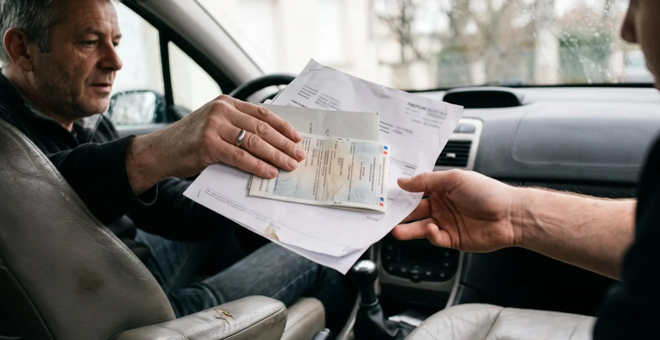 Des mains échangent la carte grise et des factures d'entretien à l'intérieur d'une voiture.