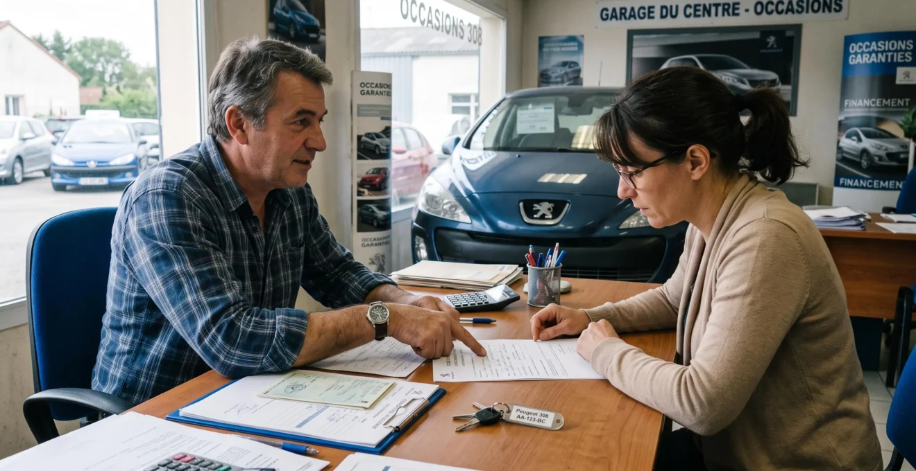 Un acheteur relit un contrat pendant qu'un vendeur pointe une clause dans une concession.